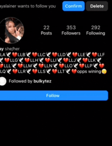 a screenshot of a person 's instagram page with a blue confirm button