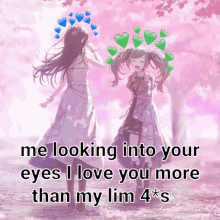 two anime girls are standing next to each other on a pink background with hearts on their heads