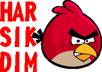 a red angry bird with the words har sikk dim behind it