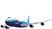 a blue and white boeing plane is flying in the air