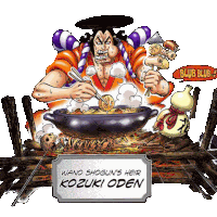 a cartoon of a man cooking with a sign that says wano shogun 's heir kozuki oden on it