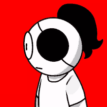 a cartoon character with a red background and a black eye