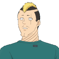 a cartoon of a man with a mohawk and a green shirt