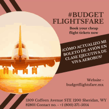 an advertisement for budget flightsfare shows an airplane on the runway