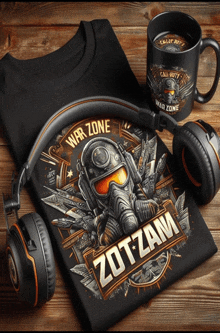 a t-shirt that says ' zotzam ' on it is on a wooden table