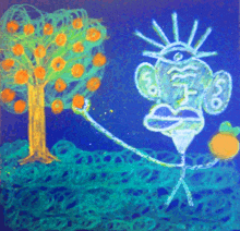 a drawing of a tree and a monkey with the letter f on his face