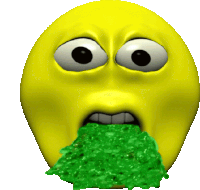 a yellow smiley face with a green substance coming out of it 's mouth