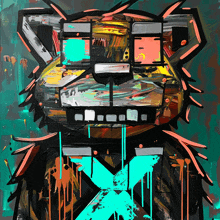 a colorful painting of a bear with a blue x on its chest