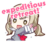 a sticker of a girl with the words expeditious retreat on it