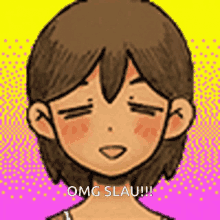 a pixel art drawing of a girl with her eyes closed and the words `` omg slau '' written on the bottom .