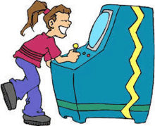 a cartoon girl is playing an arcade game on a blue machine .