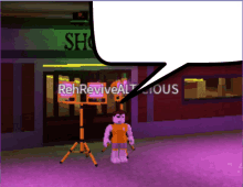 a cartoon character is standing in front of a store with a speech bubble that says rehrevivealtious