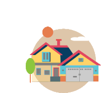 a colorful illustration of a house with a garage