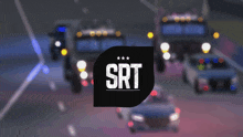 a srt logo is displayed in front of a blurred image of cars