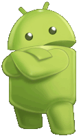 a green android with arms crossed and a sad face