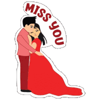 a man and woman hugging with a miss you speech bubble