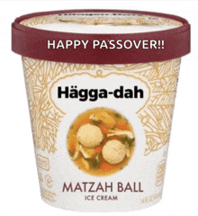 a cup of hagga-dah matzah ball ice cream says happy passover