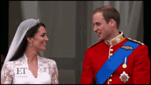 a man in a red uniform and a woman in a white dress are looking at each other with the words et canada on the bottom left