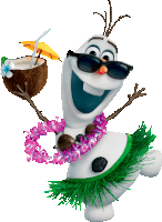 a snowman wearing sunglasses and a hula skirt is holding a coconut drink