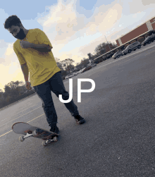 a man wearing a mask is riding a skateboard in a parking lot with the letters jp above him