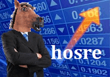 a man with a horse head is standing in front of a stock chart that says hosore