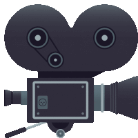 a cartoon drawing of a movie camera with a small circle on the bottom