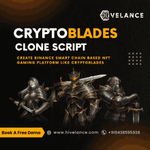 a poster for cryptoblades clone script shows a knight holding a sword