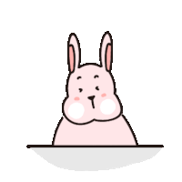 a cartoon illustration of a pink rabbit peeking out from behind a white table .