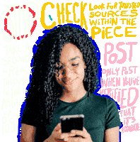 a woman is smiling while looking at her cell phone with the words check look for trusted sources within the piece post written around her