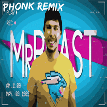 a man in a yellow shirt is standing in front of a screen that says phonk remix play