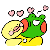 a cartoon of a frog kissing a yellow duck with hearts flying around them .