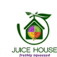 a logo for juice house freshly squeezed with a house and leaves