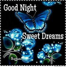 a blue butterfly is surrounded by blue flowers on a black background and says `` good night sweet dreams '' .