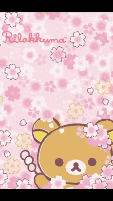 a rilakkuma bear is surrounded by pink and white flowers