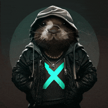 an otter wearing a hoodie and a black jacket has a blue x on his shirt