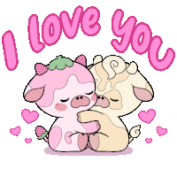 a cartoon of two cows hugging each other with the words i love you above them