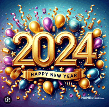 a happy new year 2024 greeting card with balloons and streamers