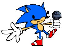 a drawing of sonic the hedgehog holding a microphone and a stick .