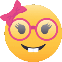 a yellow smiley face with pink glasses and a pink bow