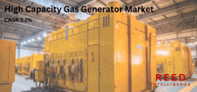 a row of yellow generators in a factory with the words high capacity gas generator market on the bottom