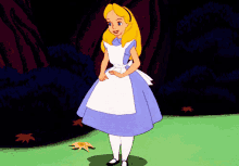 a cartoon of alice from alice in wonderland standing in a field