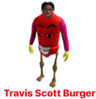 a picture of travis scott burger with a red shirt and yellow gloves