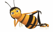 a cartoon bee is laying on its back with its legs crossed and wearing sneakers .