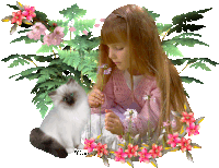 a little girl is sitting next to a cat with flowers in the background and the words campo notte on the bottom