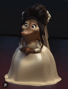 a cartoon duck wearing a wedding dress with a veil