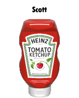 a bottle of heinz tomato ketchup with the name scott on the bottom