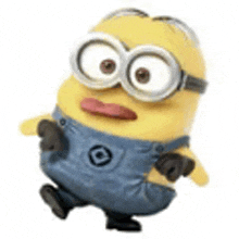 a yellow minion wearing blue overalls and goggles is walking .