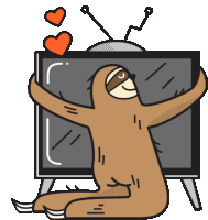 a cartoon of a sloth hugging a tv with hearts coming out of it