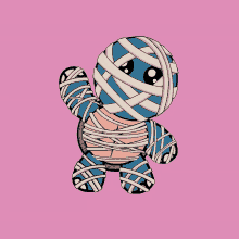 a cartoon of a turtle wrapped in bandages with a pink background