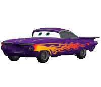 a purple car with flames on the side